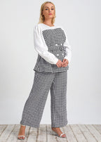 Italian Plaid Sashes Patchwork Tops And Pants Cotton Two Piece Set Long Sleeve