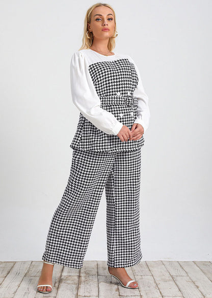 Italian Plaid Sashes Patchwork Tops And Pants Cotton Two Piece Set Long Sleeve