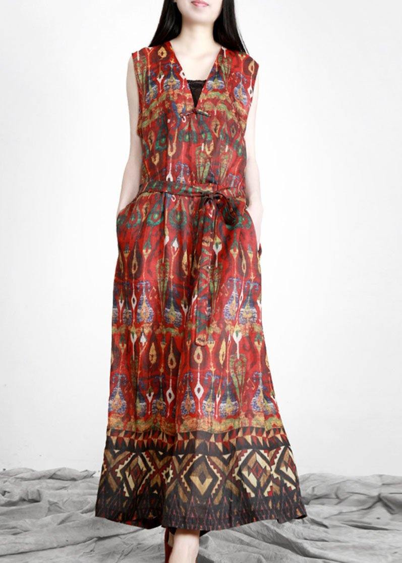 Italian Red Print Linen Sundress Drawstring