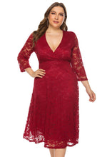 Load image into Gallery viewer, Italian Red V Neck High Waist Lace Mid Dress Long Sleeve