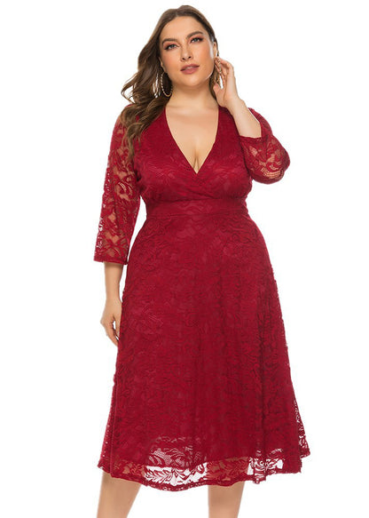 Italian Red V Neck High Waist Lace Mid Dress Long Sleeve