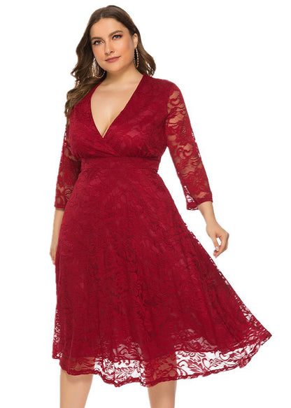 Italian Red V Neck High Waist Lace Mid Dress Long Sleeve