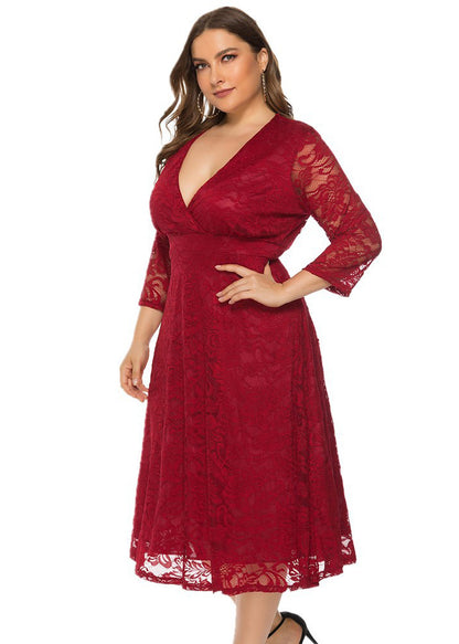 Italian Red V Neck High Waist Lace Mid Dress Long Sleeve