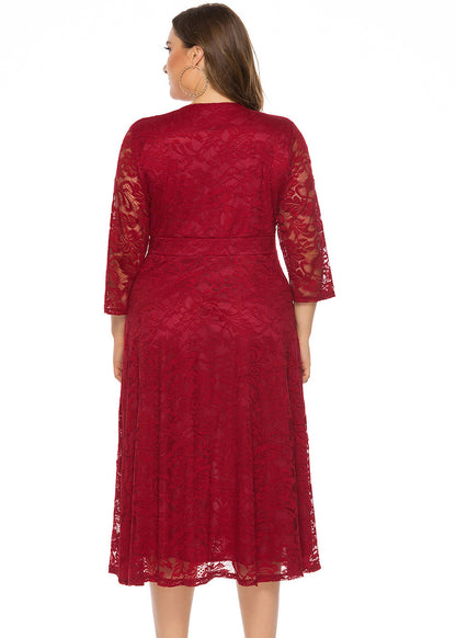 Italian Red V Neck High Waist Lace Mid Dress Long Sleeve