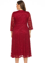Load image into Gallery viewer, Italian Red V Neck High Waist Lace Mid Dress Long Sleeve