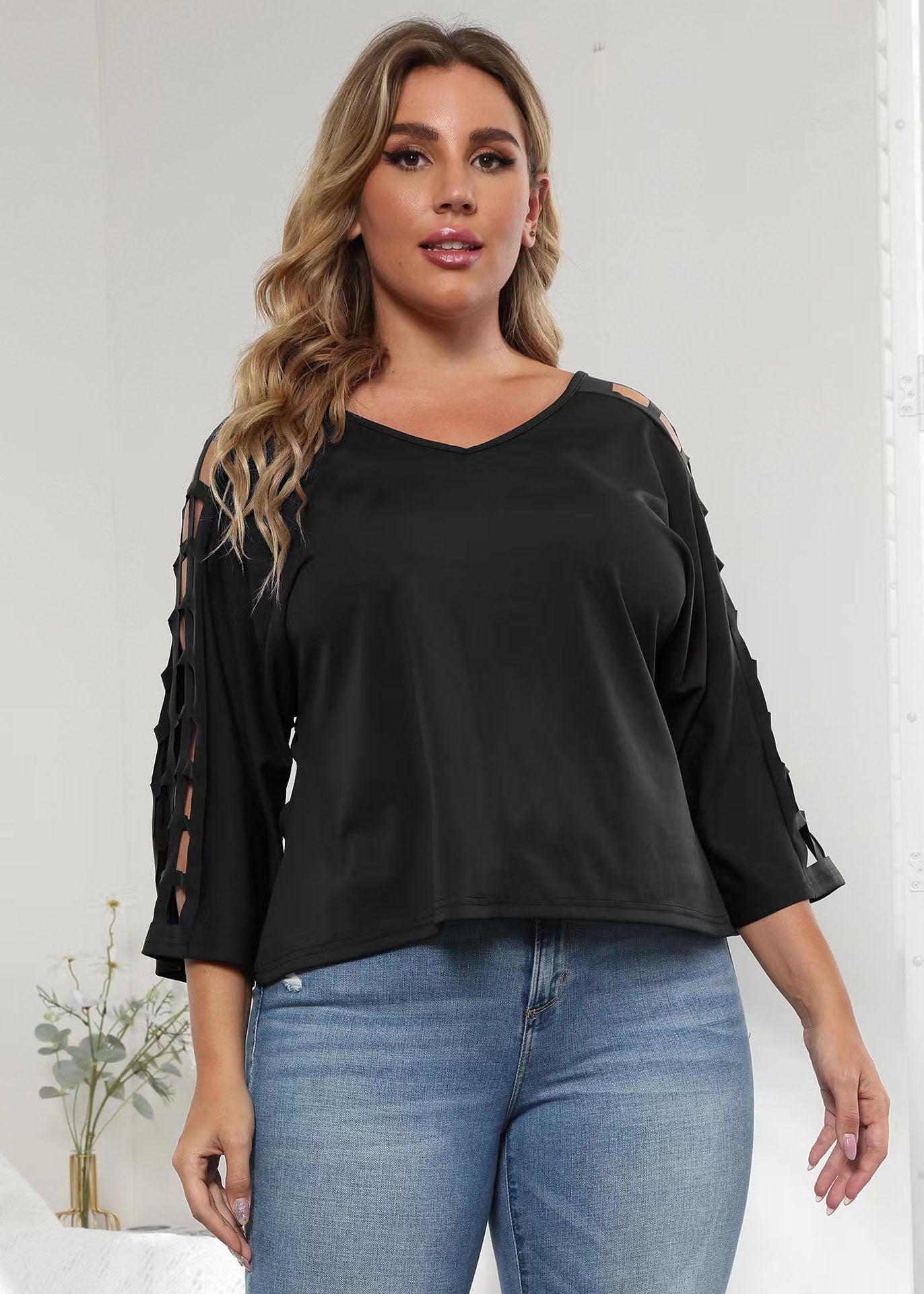 Italian Rose V Neck Hollow Out Patchwork Cotton T Shirt Tops Summer