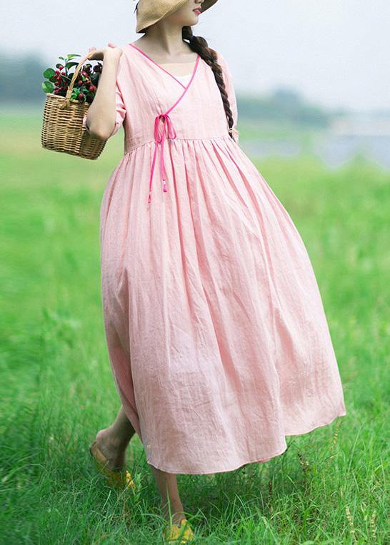 Italian V Neck Half Sleeve Summer Clothes Outfits Pink Vestidos De Lino Dress