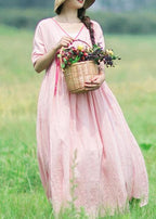 Italian V Neck Half Sleeve Summer Clothes Outfits Pink Vestidos De Lino Dress