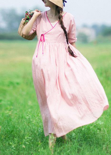 Italian V Neck Half Sleeve Summer Clothes Outfits Pink Vestidos De Lino Dress