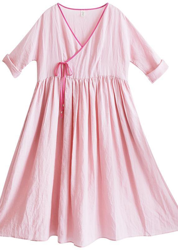 Italian V Neck Half Sleeve Summer Clothes Outfits Pink Vestidos De Lino Dress