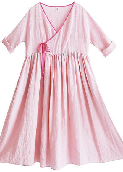 Italian V Neck Half Sleeve Summer Clothes Outfits Pink Vestidos De Lino Dress