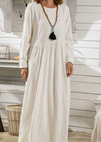 Italian White O Neck Wrinkled Exra Large Hem Cotton Dresses Spring