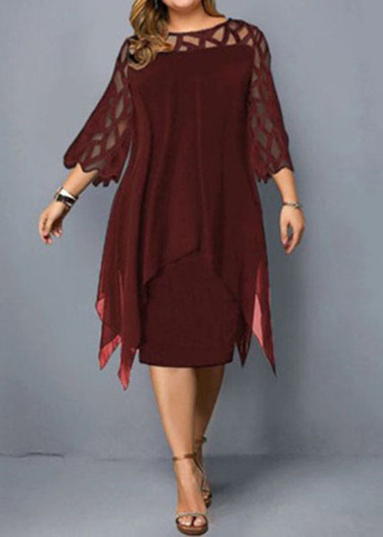 Italian Wine Red Asymmetrical Hollow Out Chiffon Dress Bracelet Sleeve
