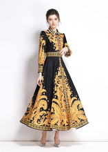 Load image into Gallery viewer, Italian Yellow Peter Pan Collar Print Patchwork Chiffon Long Dress Fall