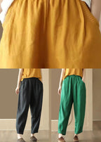 Italian Yellow Pockets Elastic Waist Linen Pants Summer