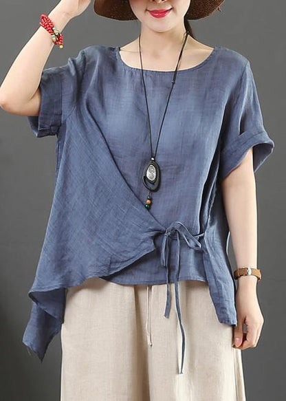 Italian o neck asymmetric cotton linen clothes pink silhouette blouses