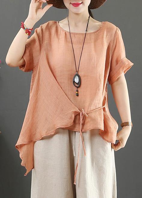 Italian o neck asymmetric cotton linen clothes pink silhouette blouses
