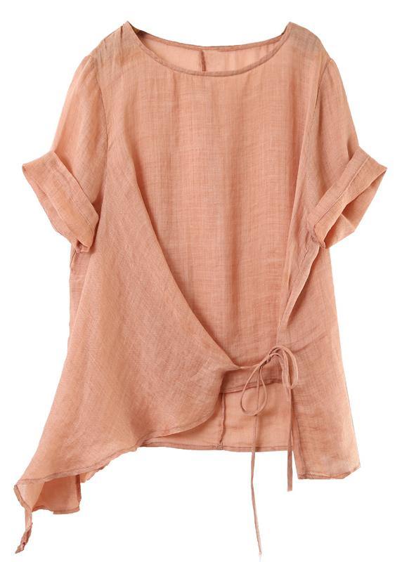Italian o neck asymmetric cotton linen clothes pink silhouette blouses