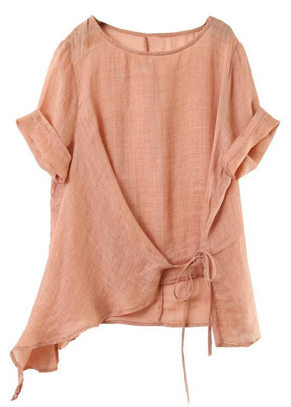 Italian o neck asymmetric cotton linen clothes pink silhouette blouses