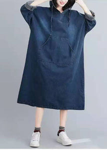 Italian Hooded Pockets Spring Clothes Women Denim Blue Traveling Dresses
