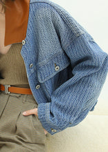 Load image into Gallery viewer, Jacquard Blue Peter Pan Collar Button Pockets Denim Coat Long Sleeve