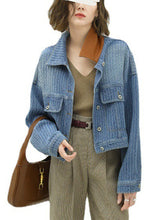 Load image into Gallery viewer, Jacquard Blue Peter Pan Collar Button Pockets Denim Coat Long Sleeve