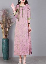Load image into Gallery viewer, Jacquard Pink O-Neck Print Button Silk Long Dress Half Sleeve