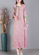 Load image into Gallery viewer, Jacquard Pink O-Neck Print Button Silk Long Dress Half Sleeve
