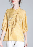 Jacquard Yellow Stand Collar Button Silk Shirt Long Sleeve