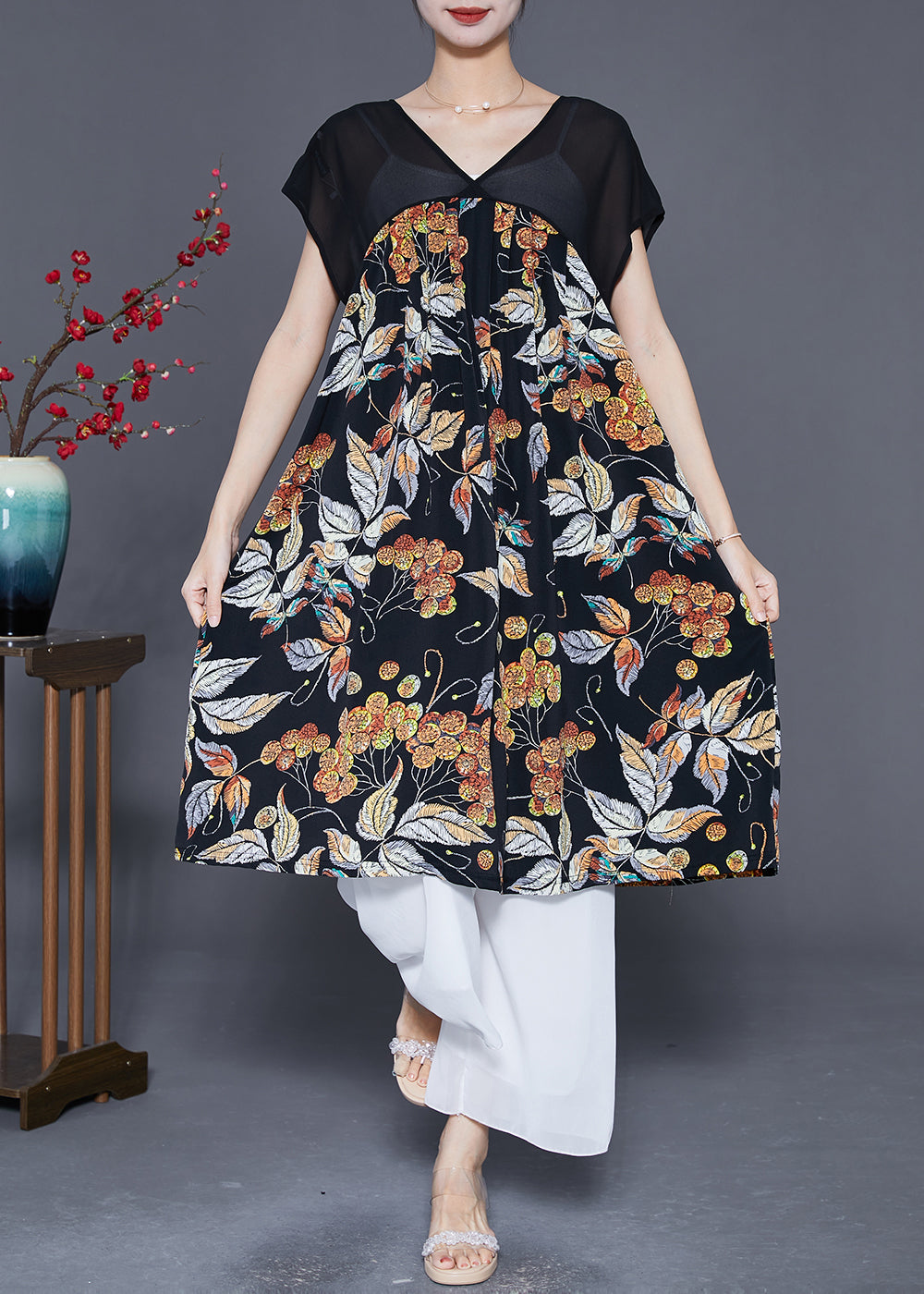 Khaki Patchwork Chiffon Long Dress Leaf Print Summer