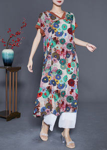 Khaki Print Cotton Long Dress O-Neck Summer