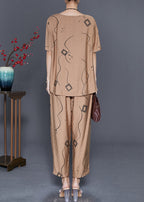 Khaki Print Linen Two Pieces Set Low High Design Summer