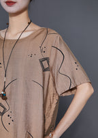 Khaki Print Linen Two Pieces Set Low High Design Summer