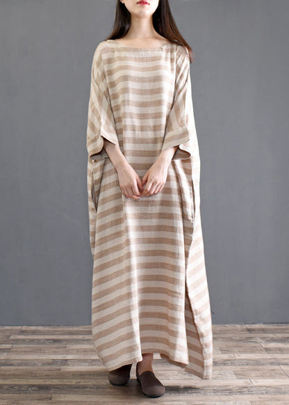Khaki Striped Patchwork Oversized Cotton Long Dresses O-Neck Half Sleeve