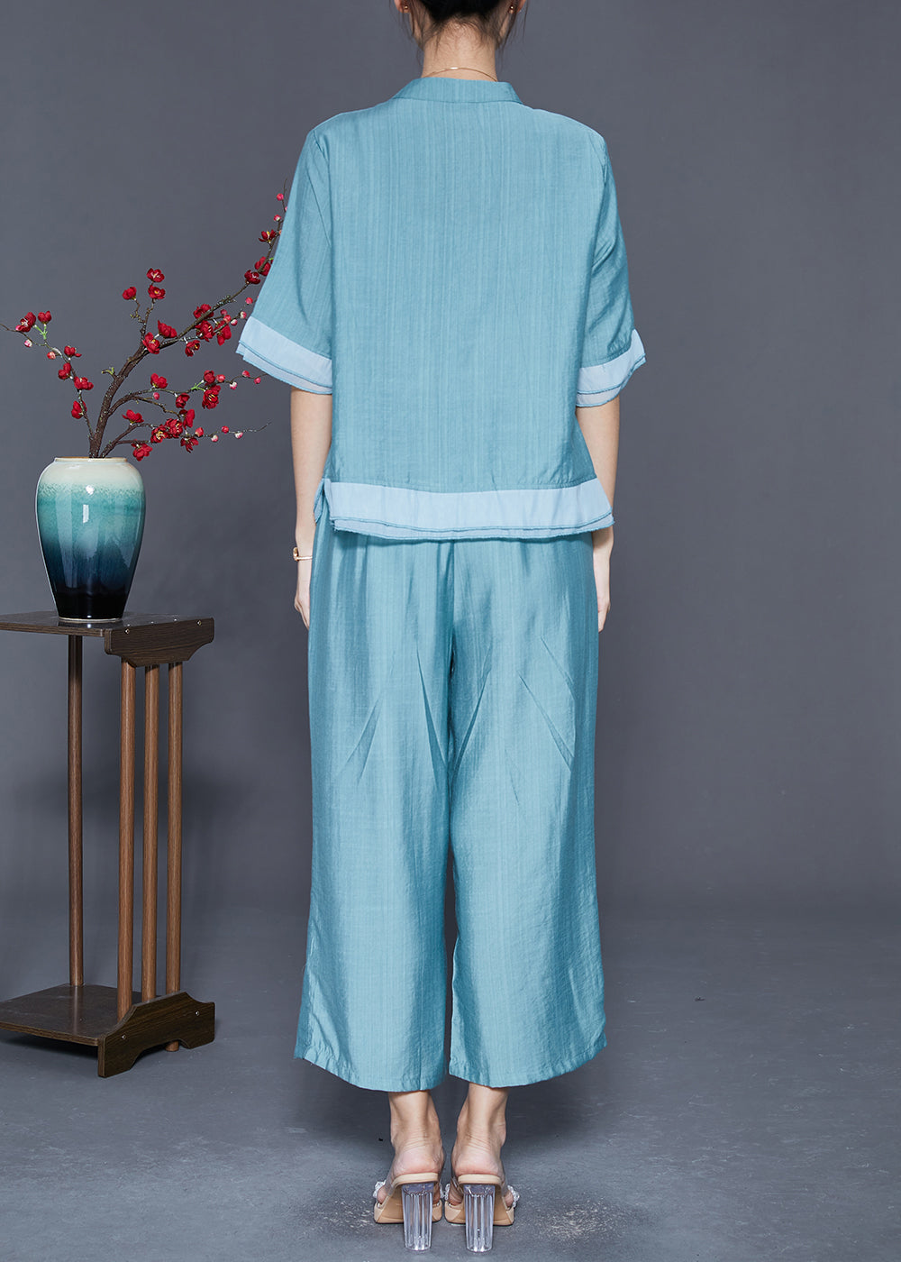 Lake Blue Patchwork Linen Silk Two Piece Set Women Clothing Embroideried Summer