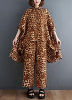 Leopard Chiffon Two Piece Irregular Shirt Wide Leg Capris