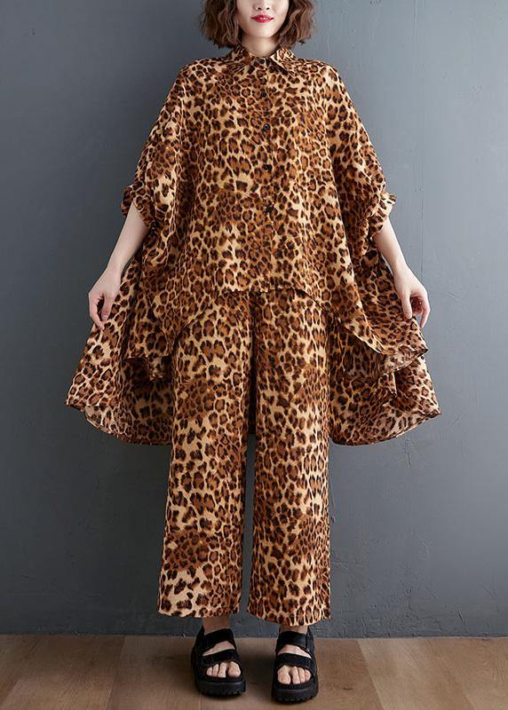 Leopard Chiffon Two Piece Irregular Shirt Wide Leg Capris