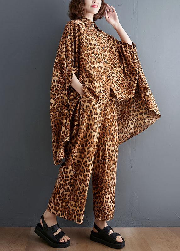 Leopard Chiffon Two Piece Irregular Shirt Wide Leg Capris