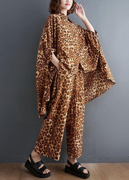 Leopard Chiffon Two Piece Irregular Shirt Wide Leg Capris