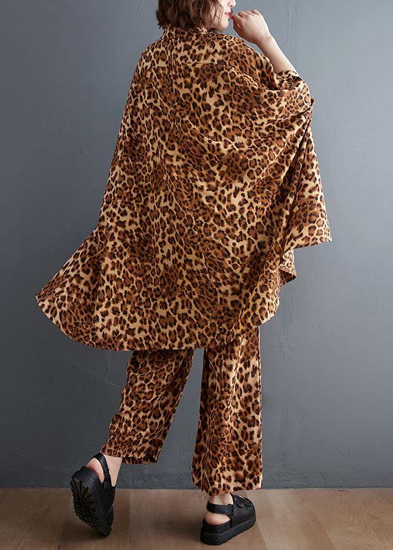 Leopard Chiffon Two Piece Irregular Shirt Wide Leg Capris