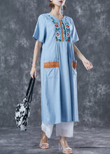 Load image into Gallery viewer, Light Blue Patchwork Linen Long Dress Embroideried Summer