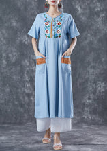 Load image into Gallery viewer, Light Blue Patchwork Linen Long Dress Embroideried Summer