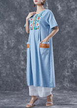 Load image into Gallery viewer, Light Blue Patchwork Linen Long Dress Embroideried Summer