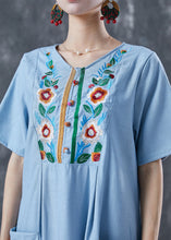Load image into Gallery viewer, Light Blue Patchwork Linen Long Dress Embroideried Summer