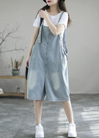 Light Blue Retro Loose Pockets Summer Denim Jumpsuit Shorts
