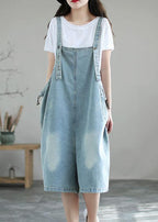 Light Blue Retro Loose Pockets Summer Denim Jumpsuit Shorts