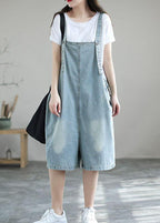 Light Blue Retro Loose Pockets Summer Denim Jumpsuit Shorts