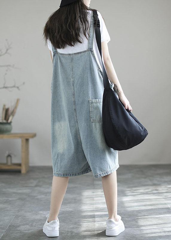Light Blue Retro Loose Pockets Summer Denim Jumpsuit Shorts