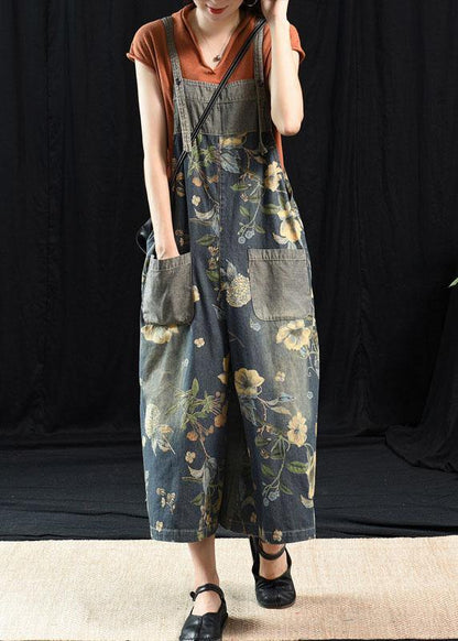 Light Blue Retro Loose Print Summer Pockets Denim Jumpsuit
