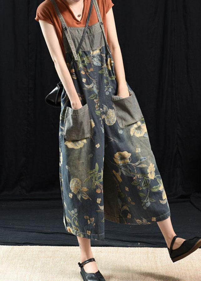 Light Blue Retro Loose Print Summer Pockets Denim Jumpsuit